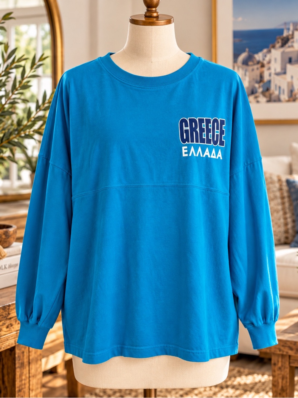J. America Bright Blue Greece Graphic Crewneck Sweater